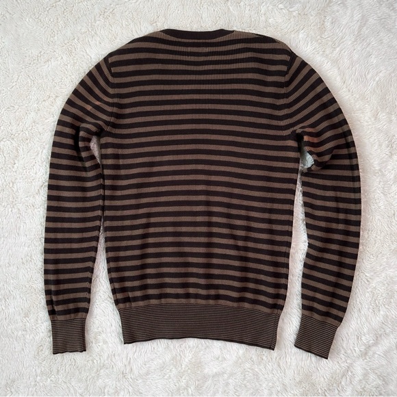 All Saints Men Brown Striped Cotton Crewneck Knit Sweater - Picture 4 of 11